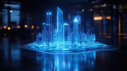 Naklejka premium A futuristic hologram projection of a 3D cityscape in a dark room, illuminated by glowing blue light.