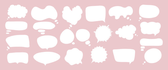 Speech Bubble set. Talk bubble. Blank empty vector white speech bubbles. Speak bubble text, cartoon chatting box, message box. Cartoon balloon word design on soft pink background