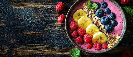 A healthy smoothie bowl with fresh fruits and nuts on a wooden table
