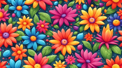 Seamless pattern with colorful flowers on a dark background.