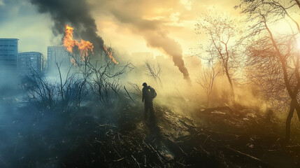 Fototapeta premium A lone figure walks through devastated landscape, surrounded by smoke and flames, highlighting impact of natural disasters. scene evokes sense of urgency and loss