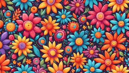 Seamless pattern with bright colorful cartoon flowers on a dark background.