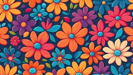 Seamless pattern of colorful flowers on a dark blue background.
