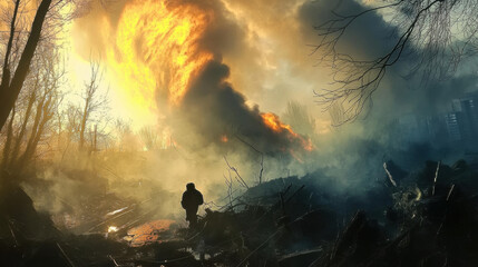 Fototapeta premium A dramatic scene of person silhouetted against backdrop of flames and smoke, capturing intensity of natural disaster. atmosphere is filled with tension and urgency