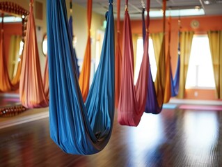 Aerial yoga class with silk hammocks
