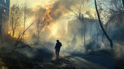 A lone figure walks through desolate landscape engulfed in smoke and flames, highlighting aftermath of natural disaster. scene evokes sense of loss and resilience amidst chaos