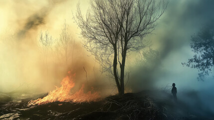 Fototapeta premium A dramatic scene of wildfire with smoke and flames engulfing landscape, showcasing impact of natures fury. solitary figure stands amidst chaos, highlighting urgency of situation