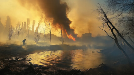 A dramatic scene of forest fire with thick smoke rising into sky, casting an orange glow over landscape. lone figure stands near reflective body of water, emphasizing intensity of situation