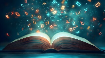 A creative educational background with an open book, floating letters, and numbers, with a soft glowing gradient