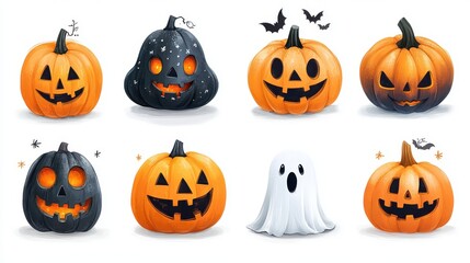 A Halloween icon set with a cute and playful style, including cartoonish pumpkins and ghosts, on a white background