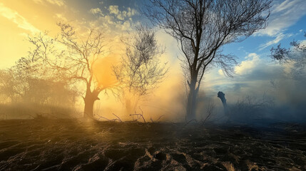 Obraz premium A serene landscape featuring trees shrouded in mist during sunset, with warm golden light illuminating scene. atmosphere evokes sense of calm and tranquility amidst natures beauty