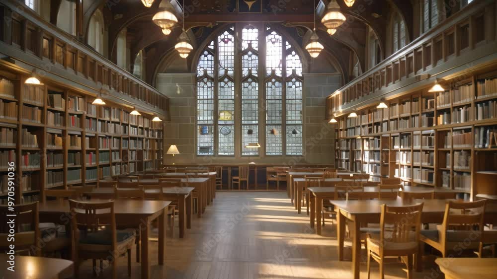 Aufkleber a peaceful library with rows of bookshelves and empty tables, perfect for quiet study, a serene libr