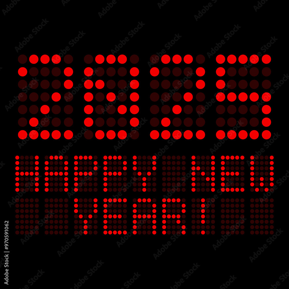 Poster illustration of a digital display shows the date of the new year 2025 and the message happy new year