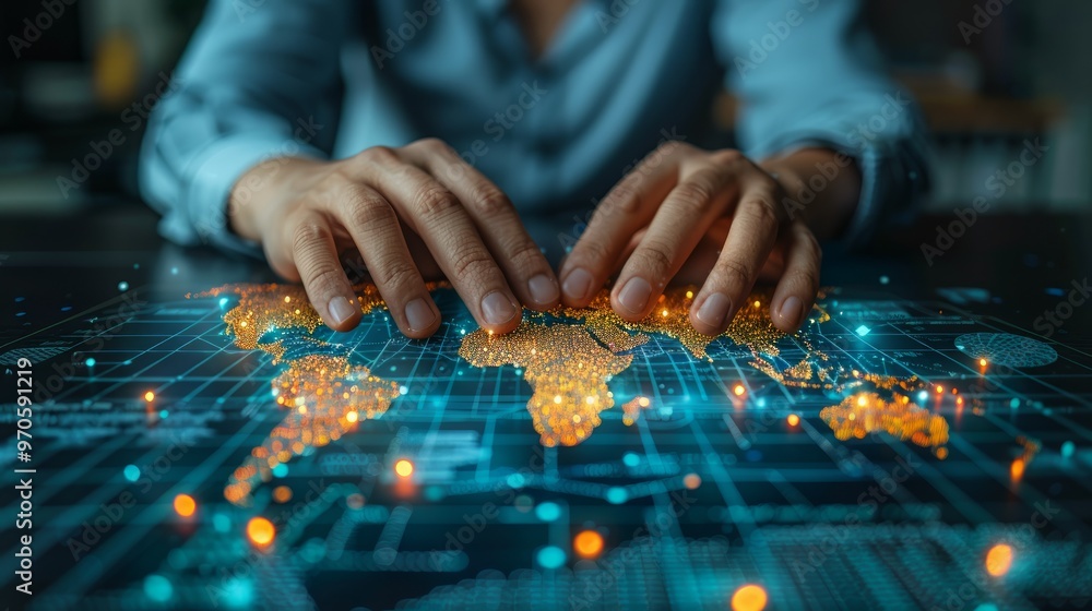 Poster businessman using a digital map and global network connection technology for business strategy, incl