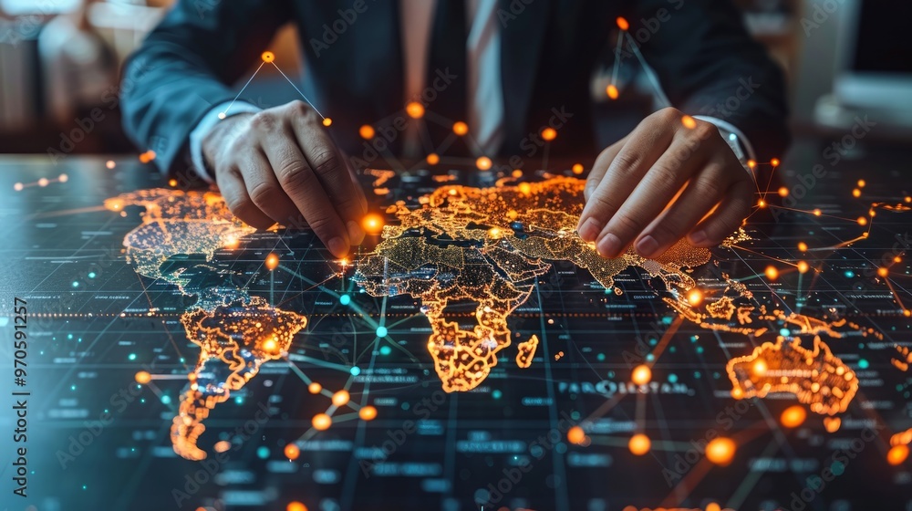 Poster businessman using a digital map and global network connection technology for business strategy, incl