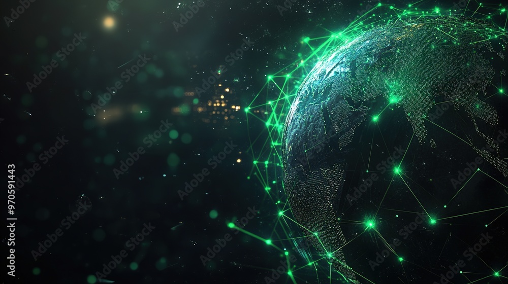 Poster digital globe with glowing green nodes and lines