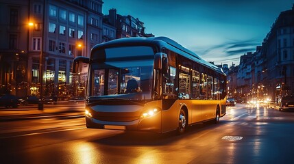 Obraz premium City bus in motion on urban street at dusk.