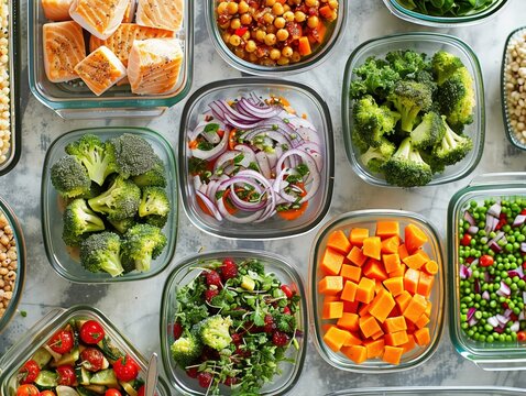 Healthy meal prep for the week displaying an array of colorful