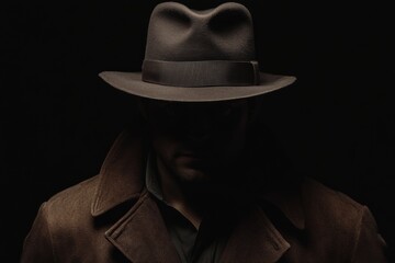 Mysterious Detective in Shadowy Silhouette wears a Fedora Hat and Trench Coat on black background