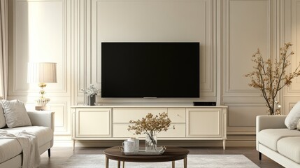 Cabinet for TV wall mounted with decoration in living room and cream color wall.3d rendering 