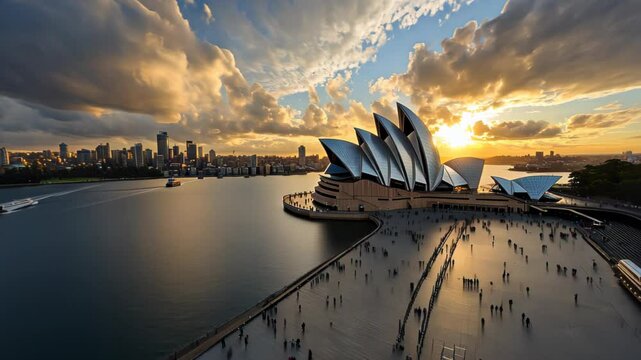 A stunning sunset view of the Sydney Opera House and city skyline by the water.