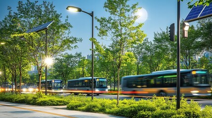 Obraz premium Solar panels powering street lights, buses in blur motion.