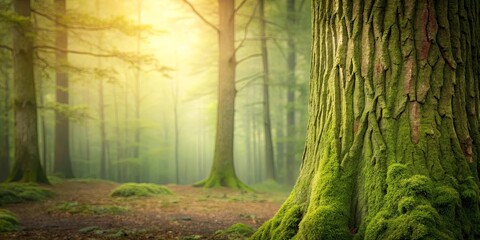 Tranquil, calming background featuring muted moss green, clay brown, and ghostly tree bark
