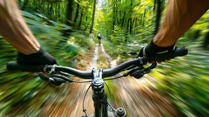Naklejka premium Dynamic point-of-view shot of a cyclist speeding down a forest trail. The blurred motion effect, fast pace, surrounded by lush green trees. Perfect for banner wallpaper, healthy lifestyle