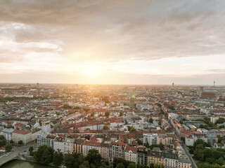 Aerial view of sunset over Munich, Germany