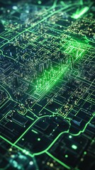Obraz premium Neon green circuit board cityscape, technological concept