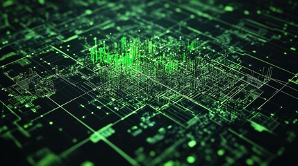 Abstract green data cityscape with glowing lines