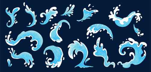 Aqua water splash. Liquid water drops, blue transparent splashes, water flows and waves flat vector illustration set. Clean water splash collection on dark background