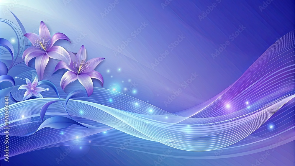 Wall mural abstract lavender-blue gradient background with wave patterns and glowing lily shapes