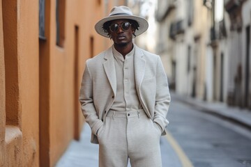 Black man in light-colored suit standing in urban street setting.