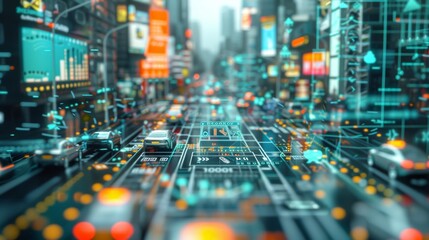 Futuristic Smart Cityscape with Autonomous Electric Vehicles, Green Energy, and Digital Billboards in Sustainable Urban Environment