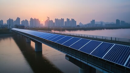 Solar panels on bridge with city skyline at sunset
