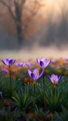 A serene and eerie misty autumn morning scene set in a lush field of vibrant autumn crocuses, with delicate purple petals and yellow anthers swaying gently in the morning breeze, against a soft, diffu