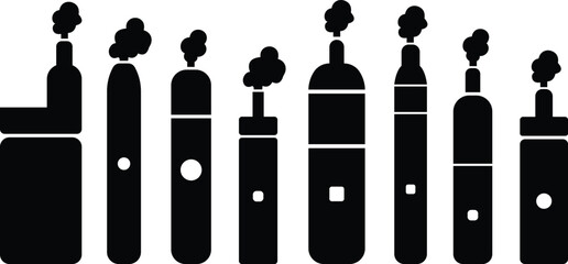 Electronic cigarette smoke icons flat styles. Fashionable atomizer vape device. Cigarette and steam generator. Bad habit vectors. Contour pictogram illustration isolated on transparent background.