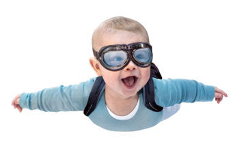Baby Wearing Googles Pretending to Fly Like a Skydiver