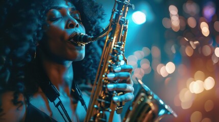 Fototapeta premium African American woman passionately playing the saxophone in a club closeup shot,&nbsp;showcasing musical expression