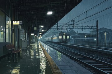 Obraz premium A Cozy Rainy Train Station With Glowing Streetlights And Reflections On Wet Tracks Creating A Serene Vibe. Cozy Vibe, Generative AI 