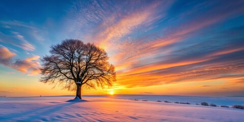Obraz premium Lonely tree standing in snowy landscape during vibrant sunset