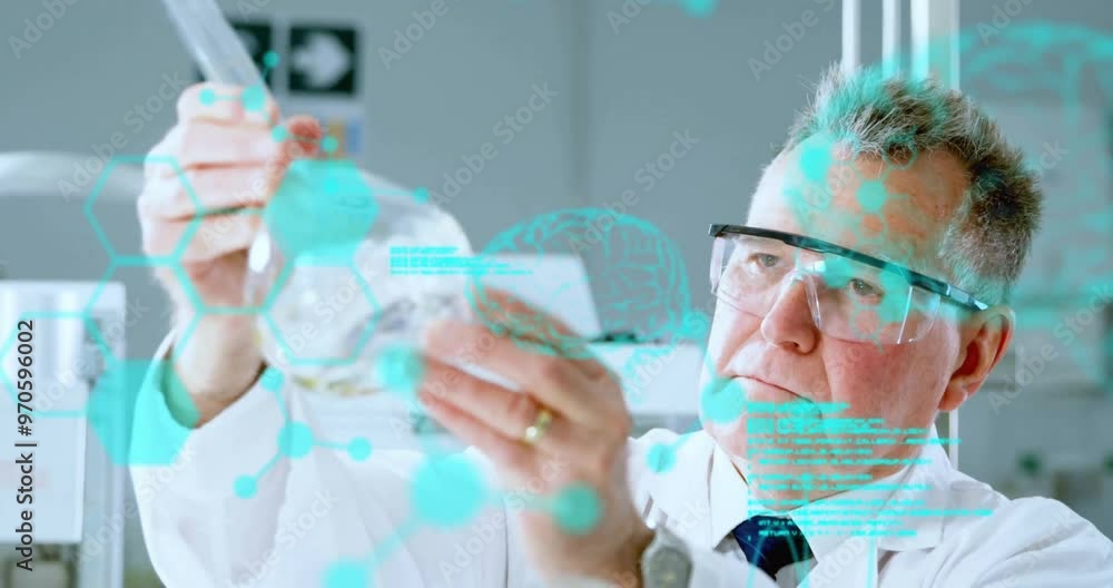 Poster animation of chemical formula and data processing over caucasian male scientist doing experiment