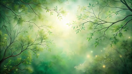 Abstract nature painting with smooth green and taupe brush strokes featuring branches and luminous mist