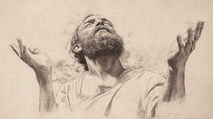 David's Song of Praise Biblical Illustration, capturing the earth shaking, perfect for Bible wall art on a beige background.