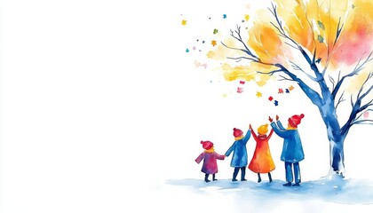 Family reunion in a snowy landscape, warmly dressed, Christmas celebration outdoors, Watercolor style