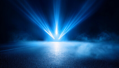 Rays, spotlights light. Empty dark scene with blue light. Asphalt blue dark street with smoke. and neon lights on background