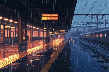 A Cozy Scene Of A Train Station In The Rain With Soft, Glowing Lights And Reflections On The Wet Platform. Cozy Vibe, Generative AI