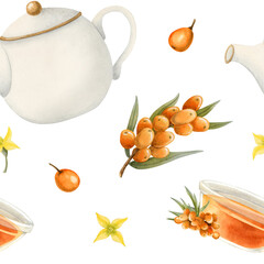 Sea buckthorn tea in white teapot with honey glass bowl and berries branch hand drawn watercolor seamless pattern. Organic herbal products for healthy lifestyle and traditional medicine