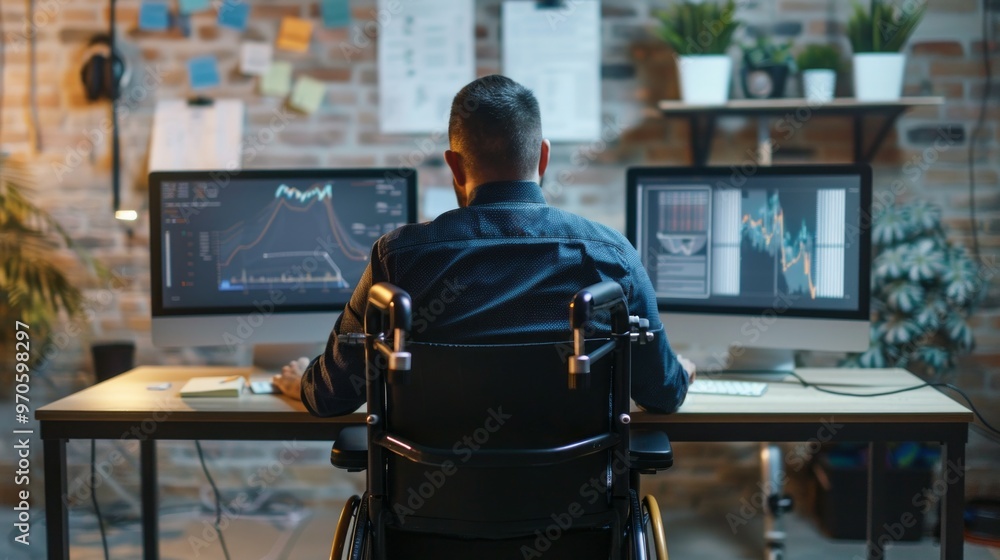 Poster A man in a wheelchair is sitting at a desk with two computer monitors